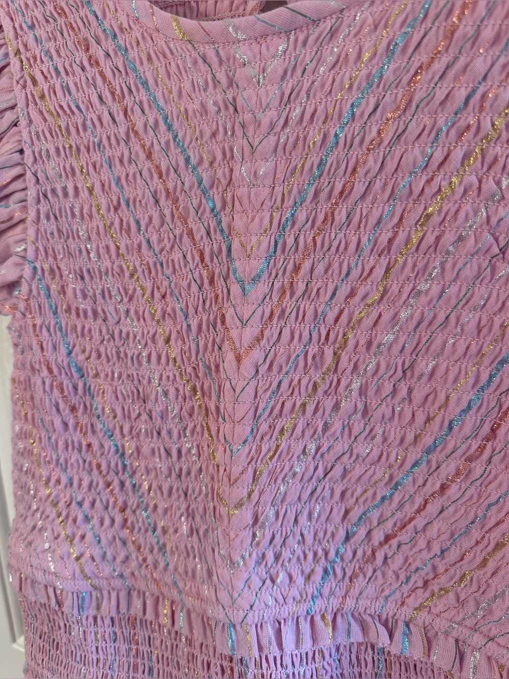 SAYLOR Med Feminine Romantic Zinnia Lavender Metallic Cotton Smocked Mini Dress - Picture 6 of 16